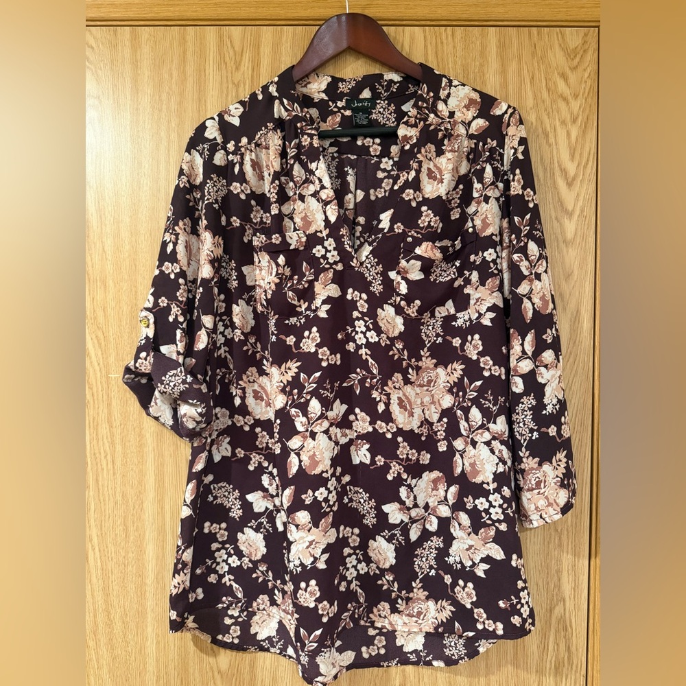 Justify Floral Blouse | XL | Burgundy & Cream | Roll-Tab Sleeves